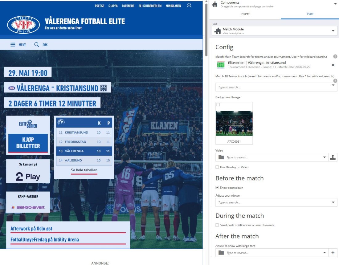 Bilde fra Content Studio for å styre match-modulen